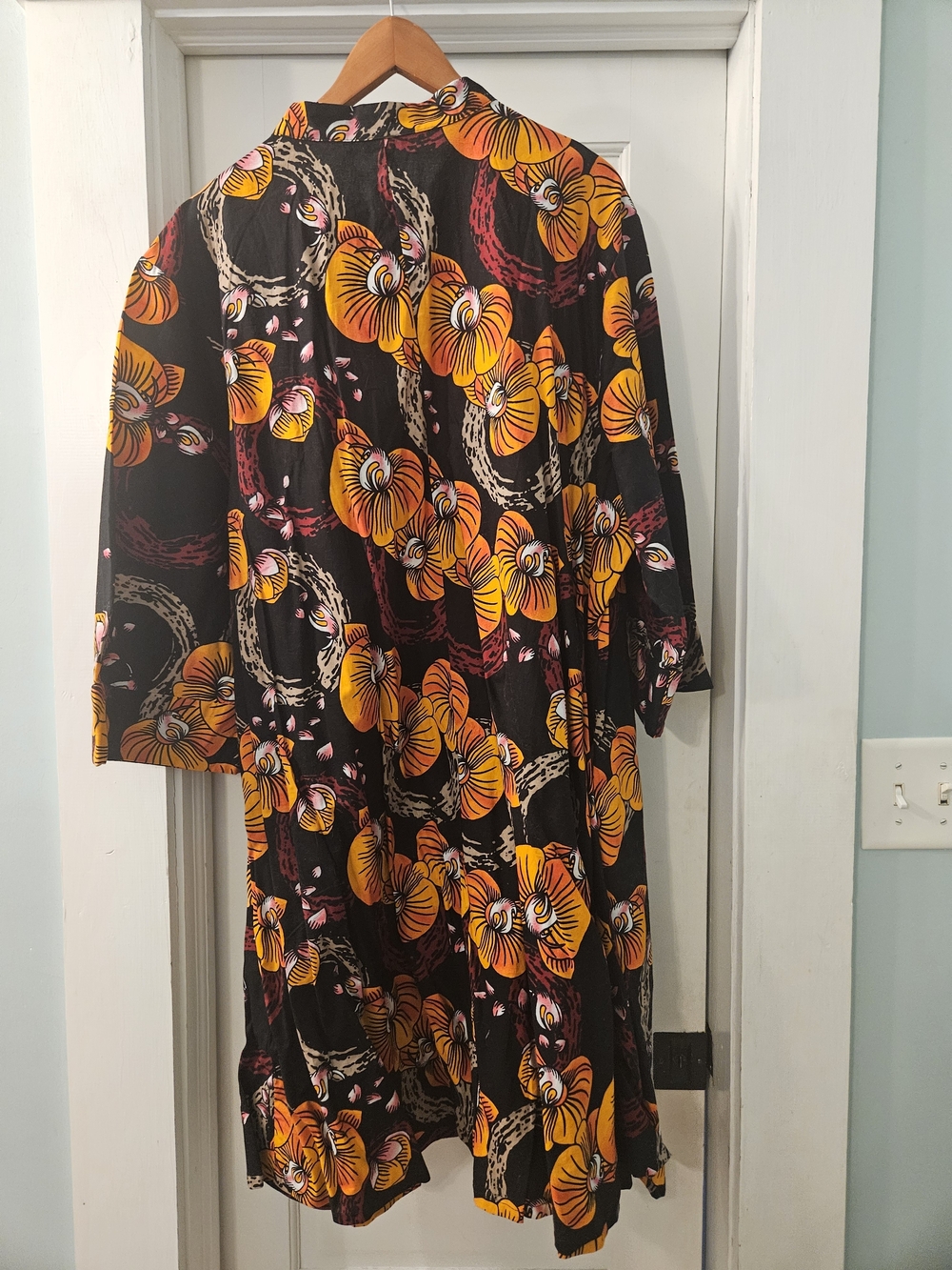 Black Floral Long Sleeve Midi Dress with Orange Blooms